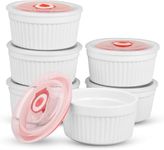 MEETOZ Ramekins with Lids 8 oz, White Porcelain Creme Brulee Souffle Ramekins with Covers, Ceramic Custard Cups for Baking, Pudding, Custard, Ice Cream, Set of 6, Dishwasher and Oven Safe, Stackable