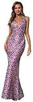 Angel-fashions Women's V Neck Splicing Tulle Pattern Sequin Elegant Long Mermaid Prom Dress, Purple, Small