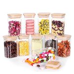 Brezzycloud 270Ml Glass Jars With Bamboo Wooden Airtight Lids,Set Of 9 Food Storage Containers For Home Kitchen,Tea,Sugar,Salt,Spices,Coffee,Flour,Herbs,Grains(270Ml,9 Pcs,Square Shape)Transparent