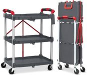 Portable Folding Service Cart, 3-Tier Fold Up Rolling Cart, Collapsible Push Cart with Wheels, 56 Lbs Load Capacity per Shelf Folding Utility Carts for Home/Office/Warehouse - Gery