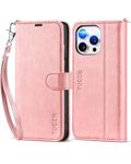 TUCCH Wallet Case for iPhone 15 Pro Max, [Wrist Strap] Kickstand RFID Blocking 4 Card Slots, Magnetic PU Leather Shockproof TPU Shell Compatible with iPhone 15 Pro Max 5G 6.7", Pink with Wristlet