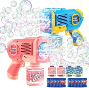 EagleStone 2 Pack Bubble Gun Machine for Kids, Automatic Light Up Bubble Blower with 4 Bottles 10 Bags Refill Solution, Bubble Guns Blaster for Toddlers, Outdoor Toys Gifts, Wedding Easter Party Favor