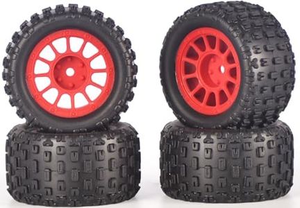 Pre-Glued 1/16 & 1/18 RC Monster Truck Tires with Foam Insert, Rubber Tire and Nylon Wheels Rims Fit for ARRMA Granite 1/18 Granite/Typhon, WLtoys A949, MJX Hyper Go H16 4Pcs-Red