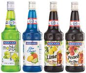 Manama Lime and Mint Mojito, Blue Curacao Fruit Syrup, Lime Ice Tea and Peach Ice Tea (750ML Each), Pack of 4