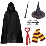 Sasifeni 6 Pcs Set Adult Wizard Costume, World Book Day Fancy Dress for Men, Women, Adult Halloween Outfits Includes Hooded Black Cape, Scarf, Wand, Tie, Maroon Glasses and Wizard Hat