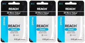 REACH Waxed Dental Floss, Unflavored, 2X More Value, Plaque Remover for Teeth, Shred Resistant, Floss Slides Smoothly, Easy to Use, Waxed, for Adults & Kids, Oral Care, PFAS Free, 3 Pack, 115 yd