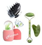 NOCXTUN Facial Massager Jade Roller & Gua Sha Tool Natural Himalayan Stone for Face Neck Healing Skin Wrinkles & Serum Application Hair Scalp & Ice Massager Combo Offer (Jade Roller, Gua Sha and Ice roller with Hair scalp Brush) Pack of 4