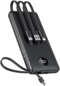 Power Bank 10000mAh, VEEKTOMX Bateria Externa USB C Cargador Portátil con Cables Integrados 5 Salidas y 2 Entradas, Powerbank Compatible con iPhone/Samsung/Huawei/Tableta, Travel Essential, Negro