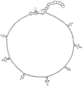 Amberta Women 925 Sterling Silver Anklet with Charms: Ankle Bracelet with Crosses - 22 + 3 cm