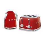 Smeg 50’s Style Retro Range Breakfast Set, 1.7L 3000W Kettle and Multi-Functional Control 4-Slice 2000W Toaster, Red, KLF03RDUK/ TSF03RDUK
