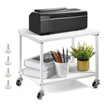 Printer Stand Rack Printer Cart with Wheels, Under Desk Printer Table with Storage 2 Tier Rolling Printer Holder for Desk Shelf Organizer for Scanner Fax Machine Home Printers Holder White