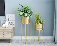 Ezzu Crafts Modern Plant Stand Set of 2 with Tall Metal Stand, Decorative Standing Flower Succulent Pot Holder, Indoor Outdoor Terrace Patio Home Decor Color Pink, Standard || 2 Piece (Gold)