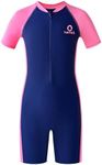 karrack Girls and Boys One Piece Rash Guard Swimsuit Kid Water Sport Short Swimsuit UPF 50+ Sun Protection Bathing Suits, Blue-Pink, 11-13 Years