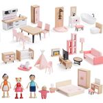 Wooden Dollhouse Furniture Set, 36 pcs Furnitures with 4 Family Dolls, Pink Dollhouse Accessories Pretend Play Furniture Toys for Boys Girls & Toddlers 3Y+