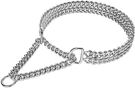 Silver Stainless Steel Dog Chain Collar - Adjustable, Chew Proof Double Row Metal Cuban Link for Walking - Large, Small, Medium Dogs