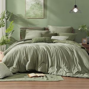 Monbix King Size Comforter Set, Sage Green King Size Bed Set Reversible, King Size Comforter Set 7 Pieces, Cationic Dyeing Bed in a Bag with Comforter, Sheets, Pillowcases & Shams