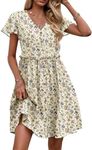 Zeagoo Women's Summer Casual Cotton Mini Dress Linen Button Down Midi Button Up Flutter Sleeve Sundress Short Sleeve Beach 2025 Dress Spring V Neck Vacation A Line Floral Dress with Pockets Beige S