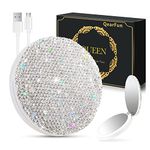 QearFun Luxurious Rhinestone LED Lighted Compact Mirror, Bling Portable Travel Makeup Jeweled Mirrors, 3.5 inch Rechargeable Mini Magnifying Pockets Mirror with Lights, Sparkly Beauty Gifts for Women