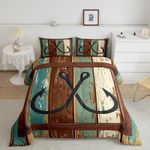 Manfei Lake House Kids Comforter Set Full Size,Fish Hook Anchor Fishing Nautical Bedding Set,Girls Boys Adults Room Decor,Old Wooden Board Cabin Down Comforter,Rustic Retro Duvet Insert,2 Pillowcases