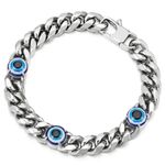 Classic Stainless Steel Curb Chain Bracelet with Evil Eye Charms, for Men, Silver Color(CA)