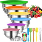 Menbyci 6 Pcs Mixing Bowls with Lids,Stainless Steel Mixing Bowls with 3 Grater Attachments,Kitchen Utensils,Mixing Bowl Set for Kitchen Mixing Baking Prepping Cooking Serving,Colorful