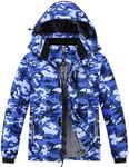 MoFiz Kid's Ski Jacket Waterproof Warm Winter Windbreak Snow Coat Boy's Fleece Snowboarding Jackets Hooded Thicken Coat (CD-Camo Blue, 8-9 Years)