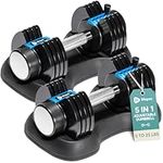 Lifepro Adjustable Dumbbell Set (5lb, 10lb, 15lb, 20lb, 25lb). 5-in-1 Adjustable Free Weights Plates and Rack. Hand Weights for Women and Men. Dumbbell with Adjustable Weights.