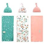 3 Pack Baby Swaddle Blanket 90×90cm with 3 Hat Set, Soft Knitted Cotton Receiving Blankets, Swaddle Wrap for Newborns Infants Babies (Flowers+White dots+Pink)