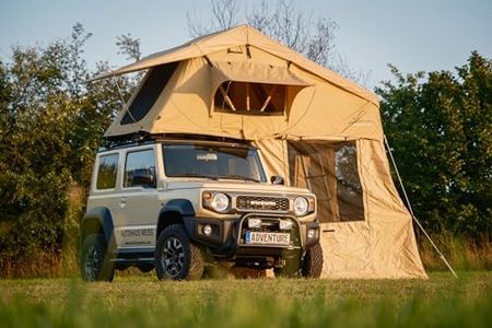 Adventure Xperience Auto Dachzelt mit Vorzelt 160x240cm für 3-4 Personen – Vorzelt höhenverstellbar – inkl. Komfort-Matratze – Regenfest 5000mm Wassersäule