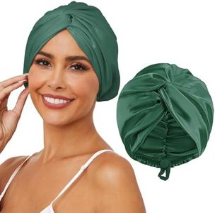 HFRHTGY Adjustable Silk Satin Hair Bonnet for Sleeping, Double Layer Hair Wrap Sleep Cap Turban for Women Men, Curly Straight Braid Unisex (Forest Green 26)