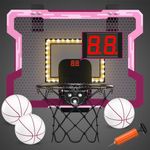 HYES Mini Basketball Hoop for Kids with Scoreboard LED Lights, Indoor Basketball Hoop with 3 Balls and Pump, Mini Hoop Basketball Toy Gifts for Kids Girls Teens - Pink