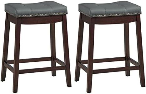 Giantex Set of 2 Backless Bar Stools, Kitchen Counter Bar Stools with Exquisite Nailhead and Solid Rubber Wood Legs, Saddle Bar Stools for Dining Room Living Room, 64cm Height, Brown with Grey Cushion