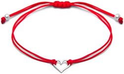 Claudia Lira Joyas Red Womens Friendship Bracelet, Small Handmade Sterling Silver 925 Open Heart Shaped Charm, Pull Adjustable Kindred Cord Thread. Handmade Heart Gift Set, Small, Sterling Silver