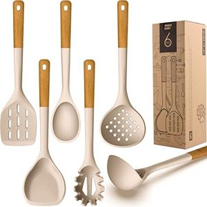 Silicone Cooking Utensils - Kitchen Utensil Set with Holder,Slotted/Solid Spoon,Turner,Spatula,Pasta Server,Deep Soup Ladle,Wooden Handles Kitchen Gadgets Tools Set,Non-Stick Cookware Friendly (Khaki)