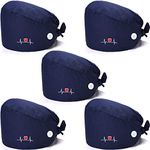 5 Pieces Working Cap with Buttons Unisex Sweatband Adjustable Tie Back Bouffant Hat (Navy Blue)