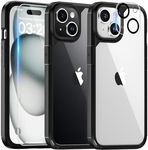 TAURI 5 in 1 for iPhone 15 Case 6.1" with 2-Pack Screen Protector and Camera Lens Protector, Military-Grade Protection, [Anti-Yellowing] Shockproof Phone Cover - Black