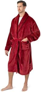 PAVILIA Mens Soft Robe, Plush Warm Bathrobe for Men, Long Spa Robe with Shawl Collar, Pockets, Trim Piping (Wine)