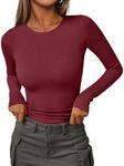 AUTOMET Long Sleeve Shirts for Women Ribbed Knit Fall Tops Casual Basic Fitted T Tshirts Tight Underscrub Slim Cotton 2024 Trendy Teen Outfits Fashion Cute Clothes Going Out Undershirt Wine Red XL