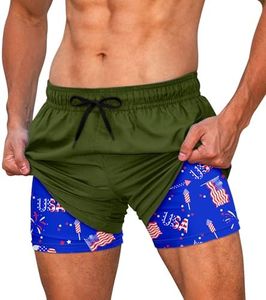 Cozople Mens American Flag Swim Trunks 4th of July Swimming Trunks with Compression Liner Patriotic Bathing Suit Parade Party Swim Shorts Swimwear 2XL