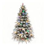 7ft/2.1m Pre-Lit Artificial Christmas Tree Lapland Fir - 320 LED Multicolour Lights, Snow Flocked 1205 PE/PVC Tips, Snowy Bushy Hinged Branches, Metal Stand for Xmas Home Decorations