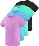 Ullnoy 4 Pack Girls Athletic Shirts Short Sleeve Dry Fit Sports T-Shirts for Kids Teens Lightweight Basic Tee Activewear Pack Black/Green/Blue/Light Purple L