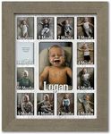 Northland Baby First Year Personalized Frame - Holds Twelve 2.5" x 3.5" Newborn Nursery Decor Photos and 5" x 7" One Year Picture, Barnwood Gray Frame, White Mat, Customizable with any name