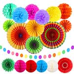 Dadabig Party Decoration, 20Pcs Rainbow Hanging Paper Fans Decoration Set, Colorful Hanging Paper Pompoms Flower Garlands Polka Dot Pom Poms Flower for Wedding, Carnivals, Festival and Mexican Party