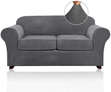 PrinceDeco 3 Pieces Couch Covers Soft Velvet Couch Covers for 2 Cushion Sofa Loveseat Covers Width Up to 72 Inch Anti Slip Love Seat Furniture Protector, Machine Washable(Medium, Grey)