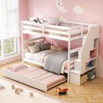 Giantex Twin Over Twin Bunk Bed with Trundle, Solid Wood Bunkbeds with Guard Rail and Storage Stairs, Twin Bunk Bed Frame, Suitable for Kids, Teens, No Box Spring Needed (Grey)