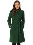 Allegra K Mid-Length Overcoat for Women's Single Breasted Collarless Belted Elegant Winter Coats, Dark Green, X-Small