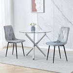 Menaka 3 Pieces Round Clear Glass Dining Table and 2 Grey Velvet Chairs Set of 2 Small Space, Modern Kitchen Table with Chairs for 2 People Restaurant