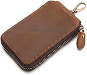 100% Genuine Leather Key Case Card Holder Wallet Car Key Organizer with 7 Hooks (Brown)