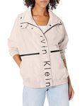 Calvin Klein Women's Lightweight Water Resistant Everyday Windbreaker, Logo Striped Oyster, Medium