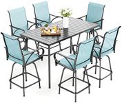 MFSTUDIO Patio Bar Set of 7 with 1 Heavy Duty Metal Slat Bar Table with 6 Pieces Sling Outdoor Bar Height Stool, Turquoise Blue